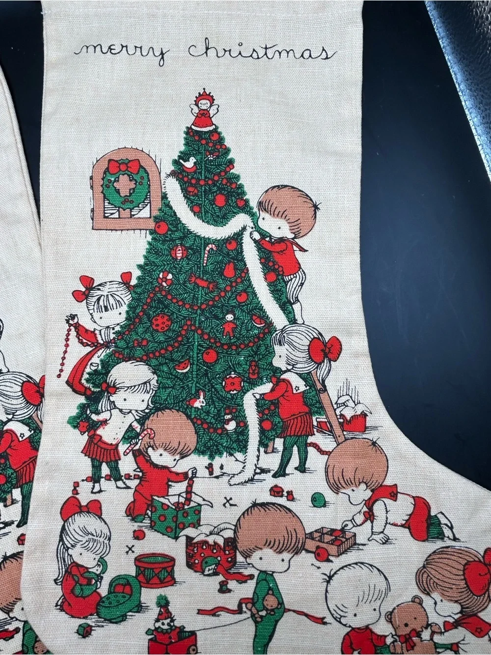 Classic Merry Christmas Holiday Stockings in Cream, Green & Red
